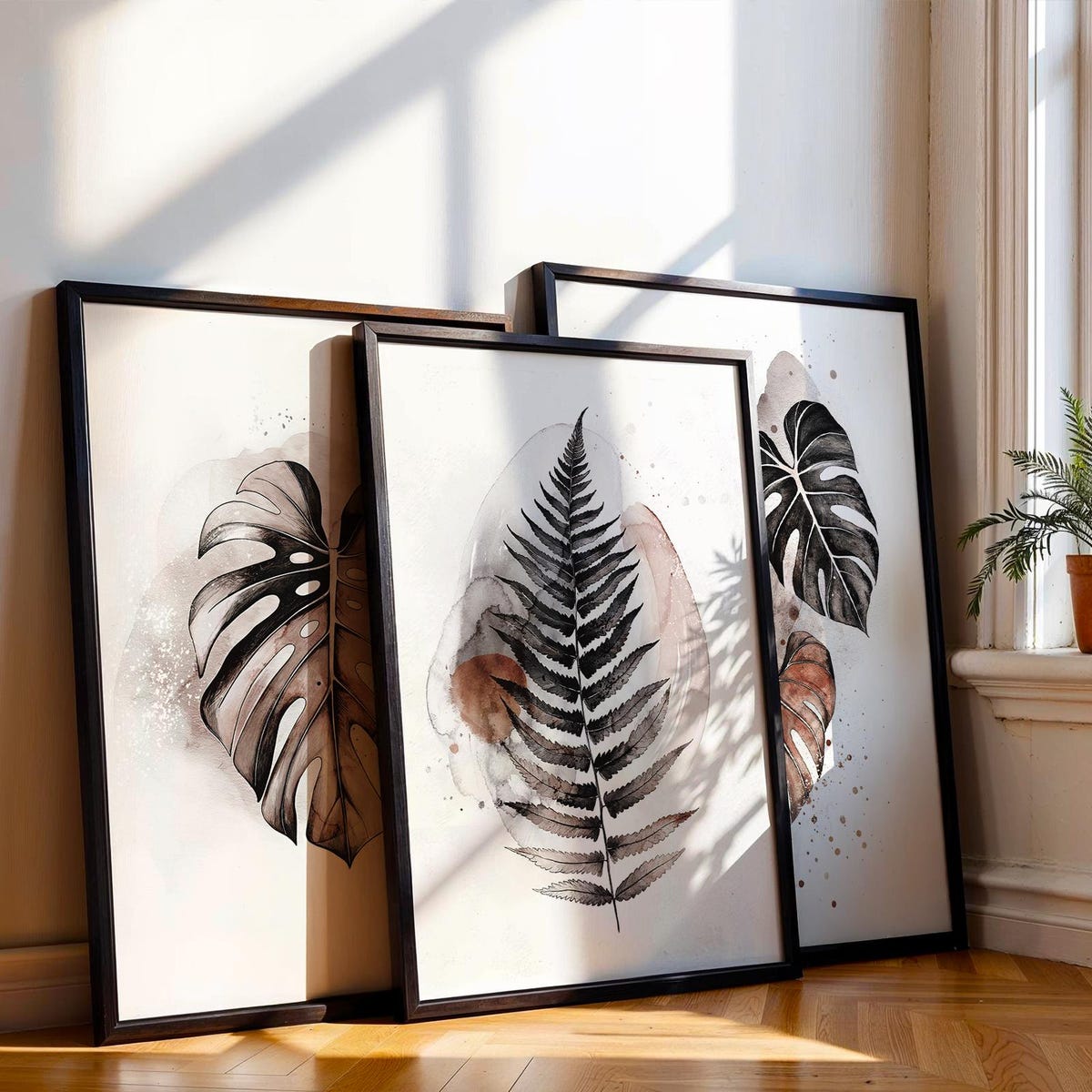Botanical Fern and Monstera Leaf Trio Digital Art