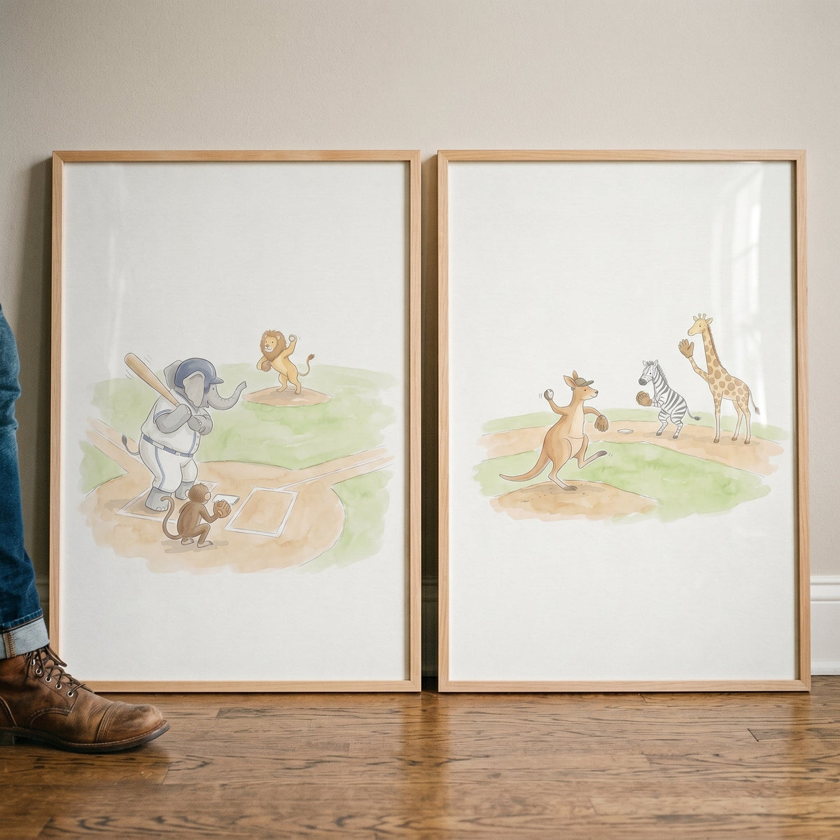 Jungle Animals Playing Baseball Watercolor Digital Art