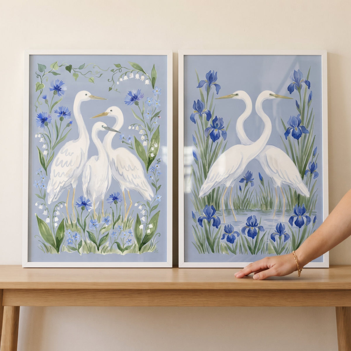 Elegance of Egrets and Blue Florals Digital Art Set