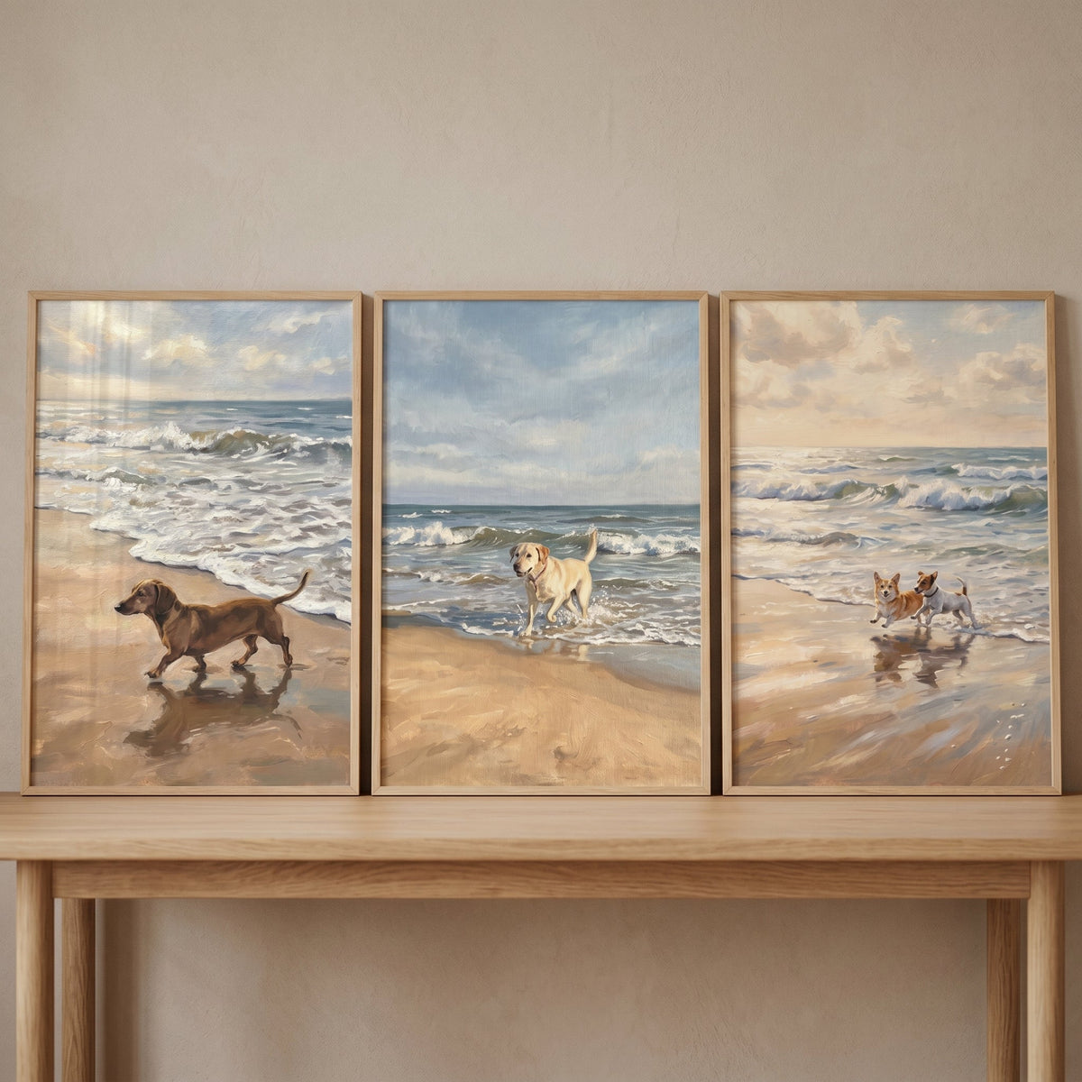 Playful Pups at the Beach Triptych