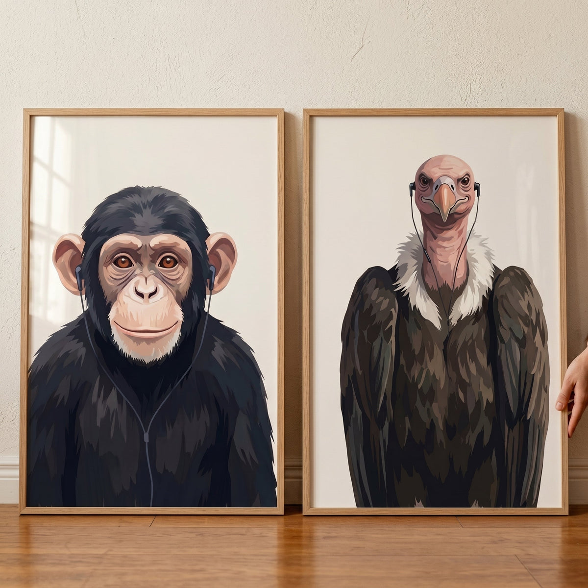 Chimpanzee and Vulture Listening to Music Digital Art Set