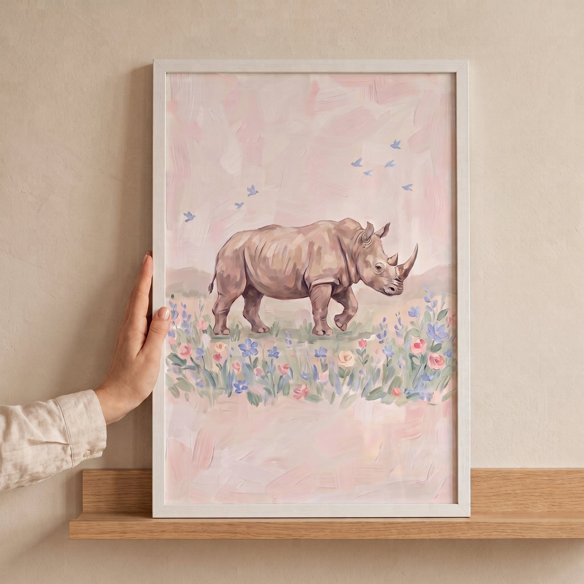 Gentle Rhino in Floral Meadow Digital Art