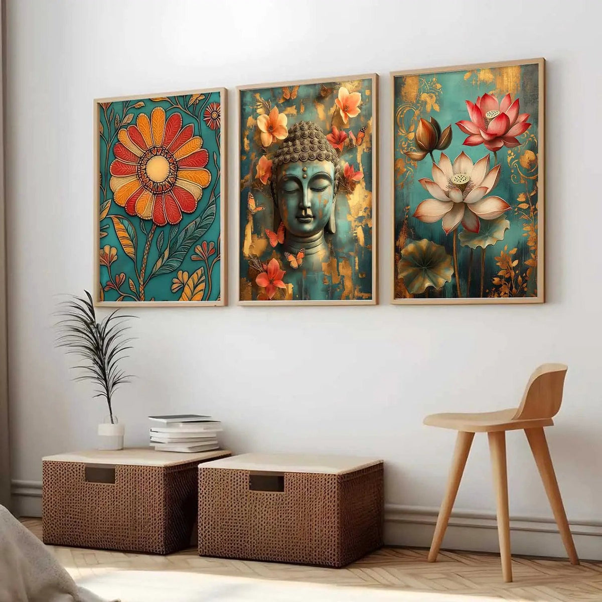 Boho Buddha and Lotus Digital Triptych