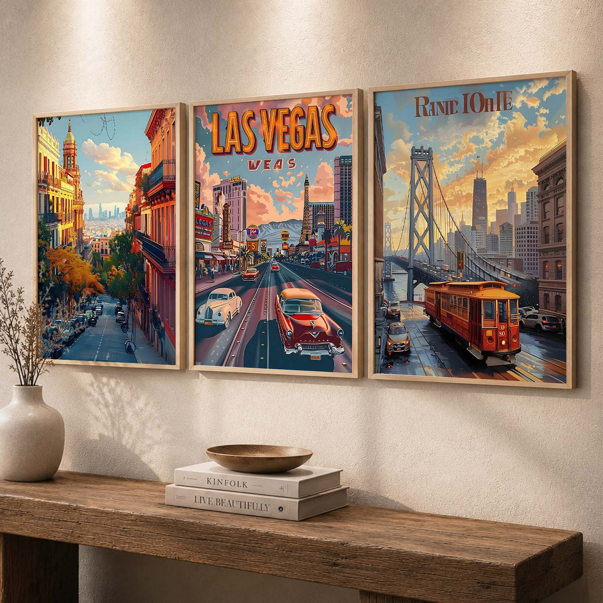 Retro Travel Cityscapes Triptych Digital Art