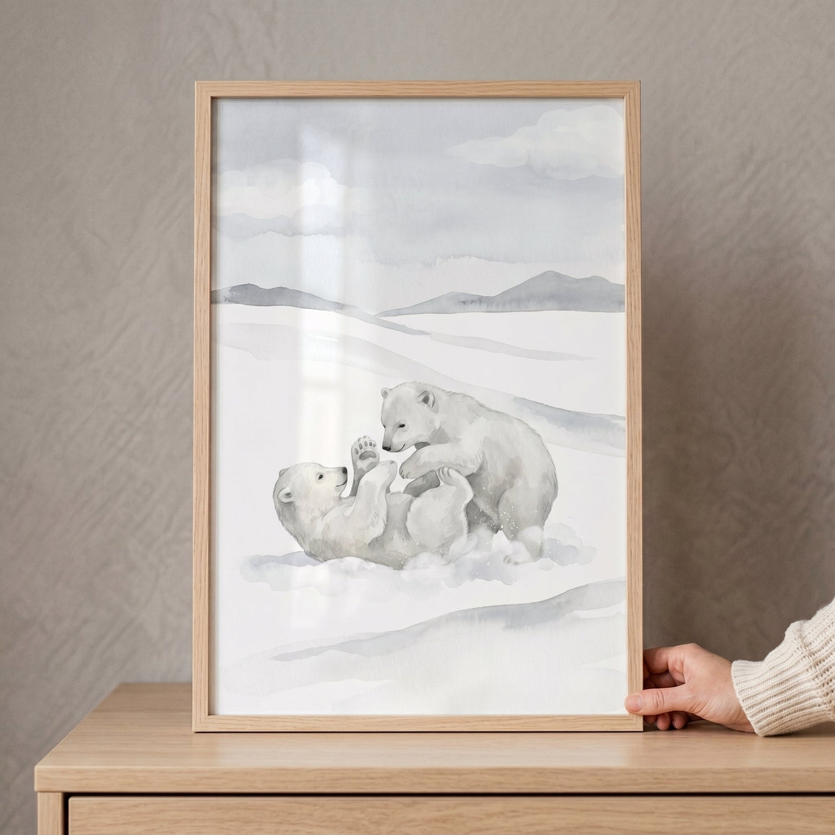 Playful Polar Bear Cubs Watercolor Digital Print