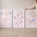 Pink Floral and Blue Bird Triptych Digital Art