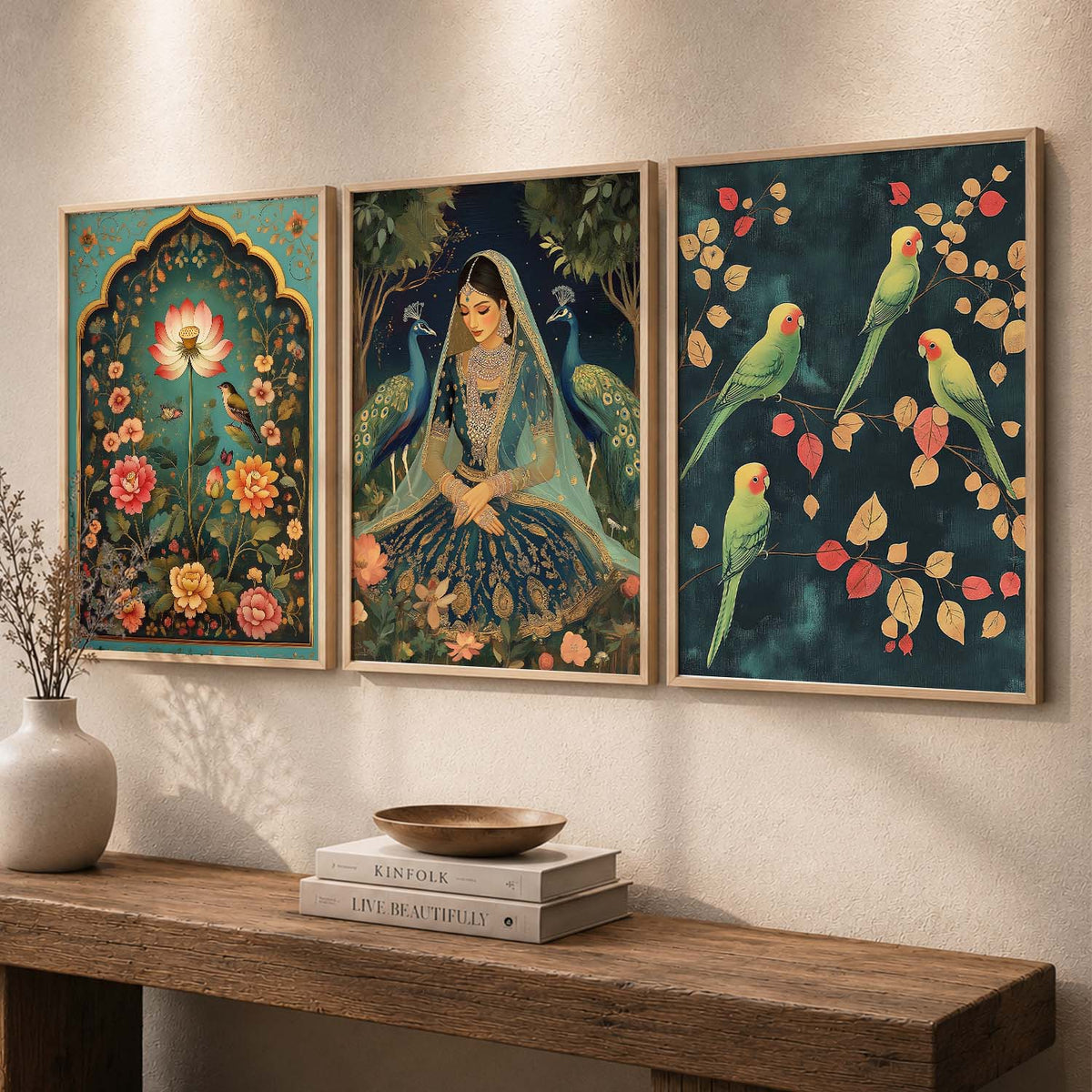 Indian Royal Princess and Exotic Parrots Triptych Digital Art