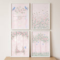 Pink Floral and Blue Bird Digital Wall Art Set of 4