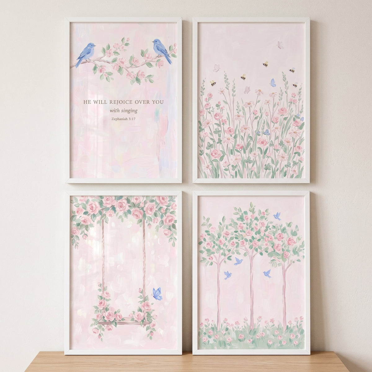 Pink Floral and Blue Bird Digital Wall Art Set of 4