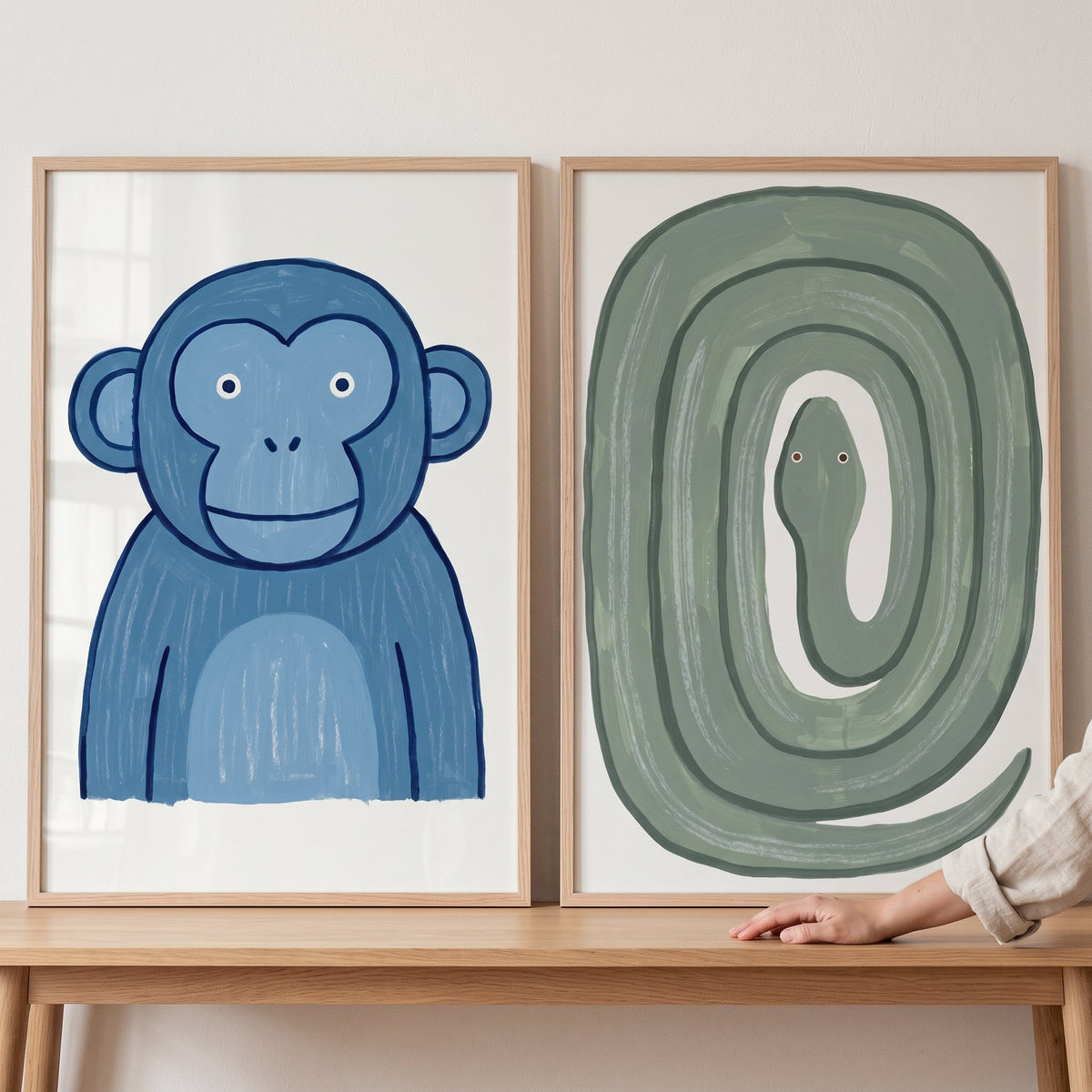 Blue Monkey and Green Snake Digital Art Set