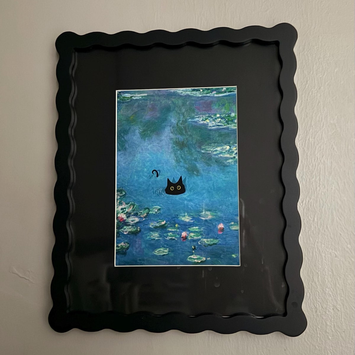 Black Cat in Water Lilies Digital Art Print