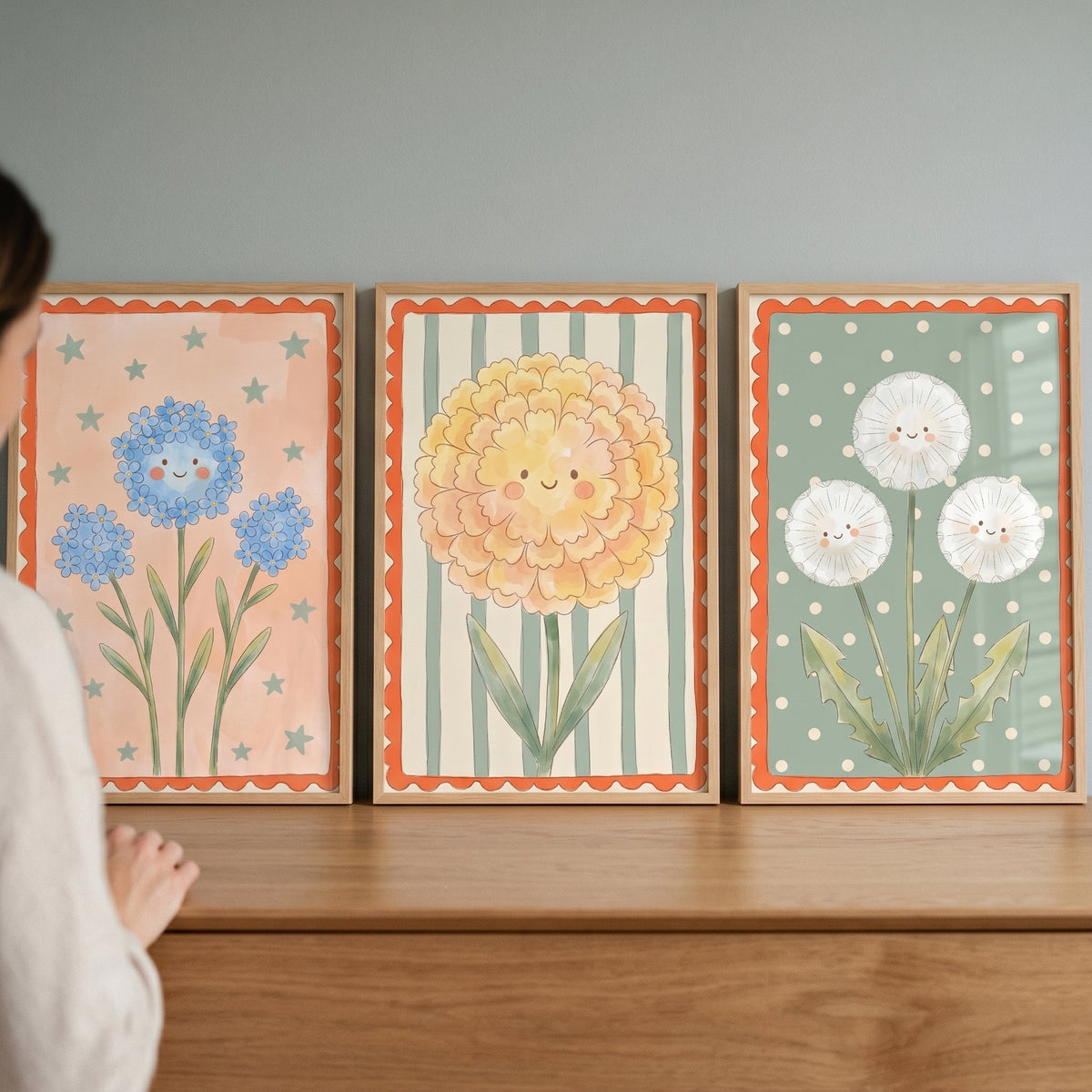 Cute Smiling Floral Triptych Digital Artwork