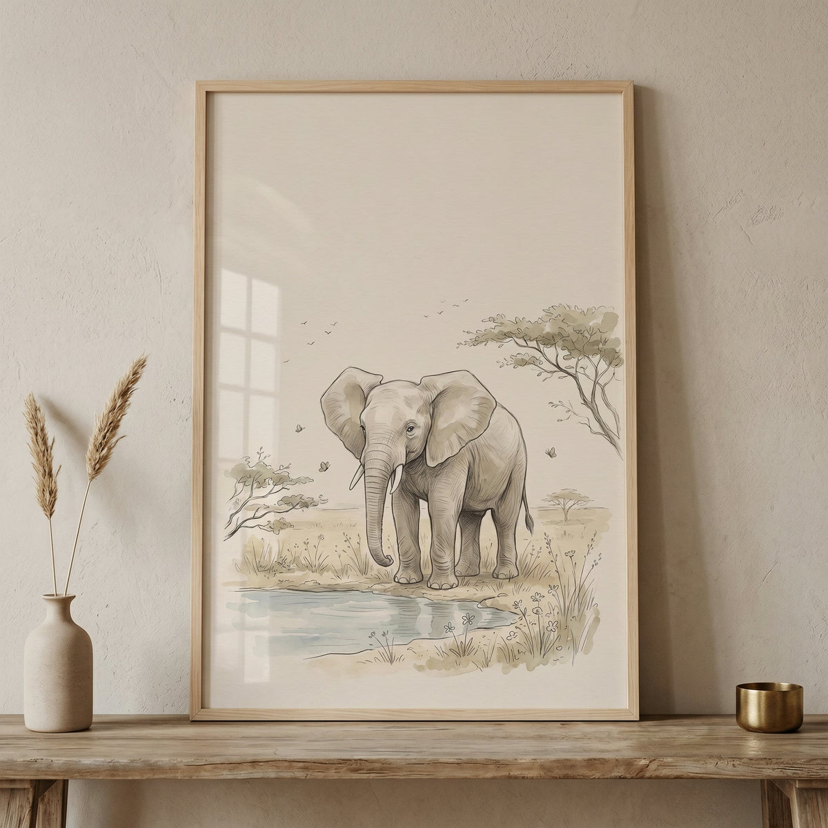 Watercolor Safari Elephant Digital Artwork