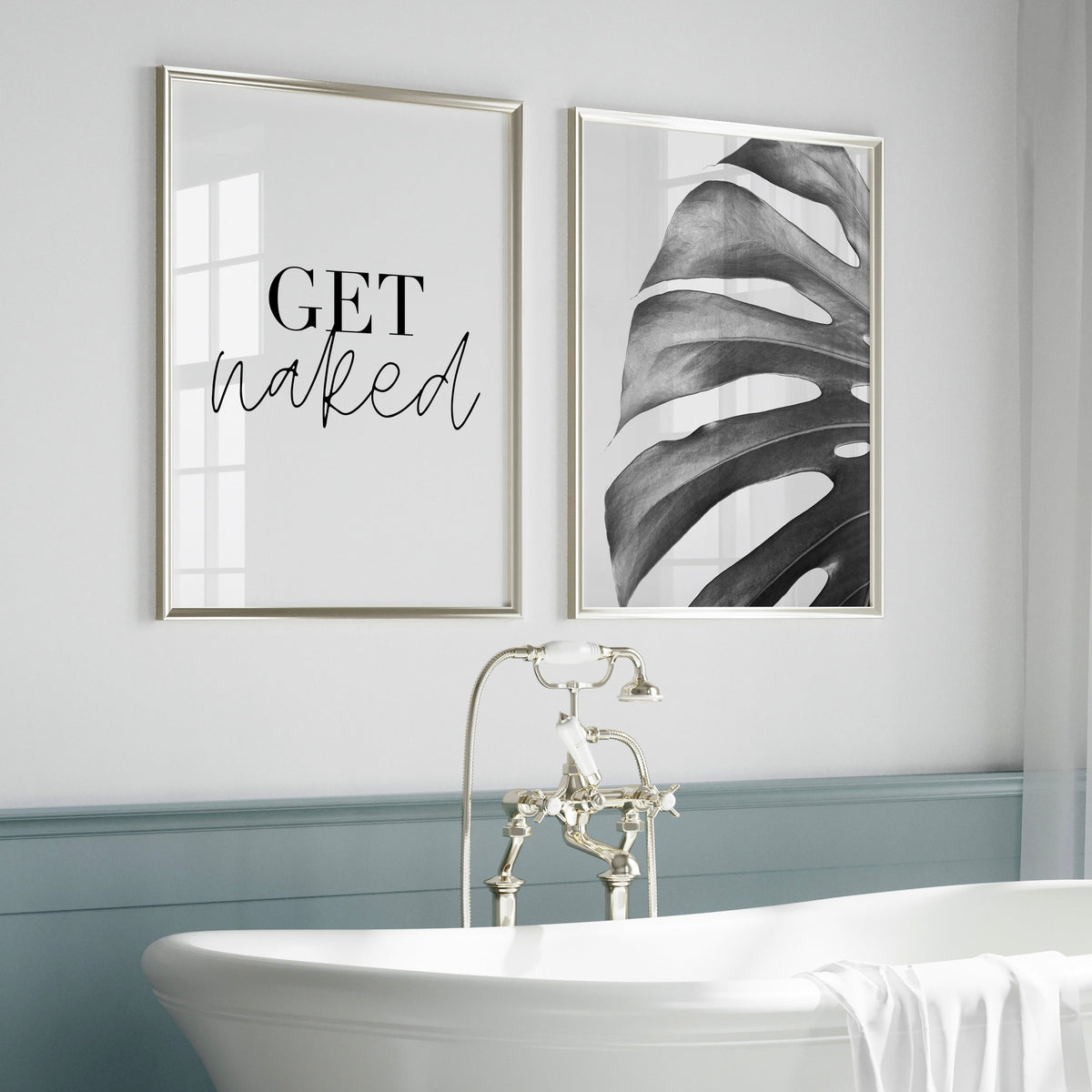 Get Naked Bathroom Typography & Botanical Leaf Digital Art Set