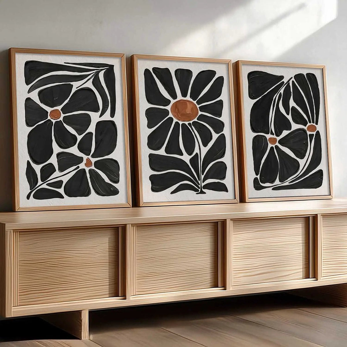 Abstract Black and White Floral Triptych