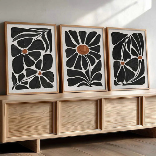 Abstract Black and White Floral Triptych