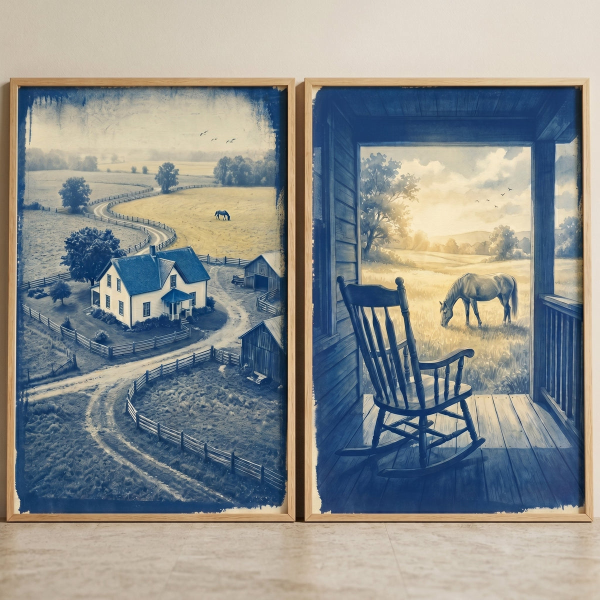 Rustic Countryside Blue Cyanotype Digital Art Set