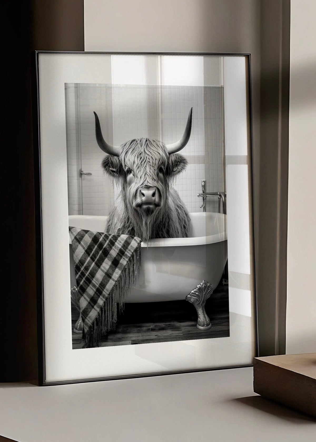 Highland Cow in Bathtub Black and White Digital Art