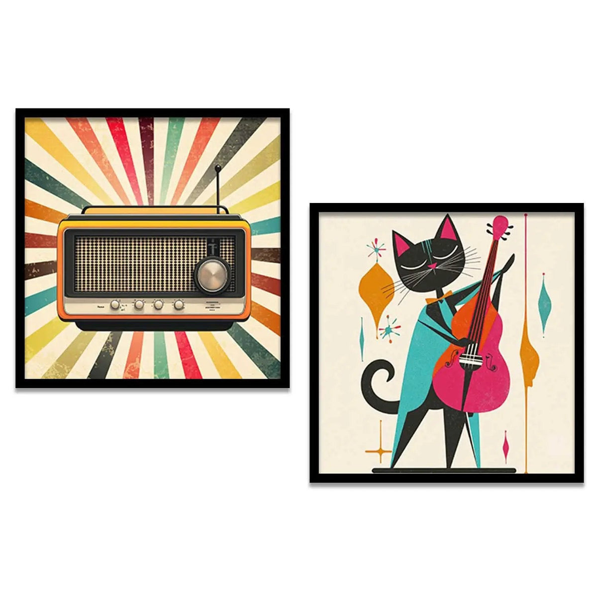 Mid Century Retro Radio and Jazz Cat Digital Art
