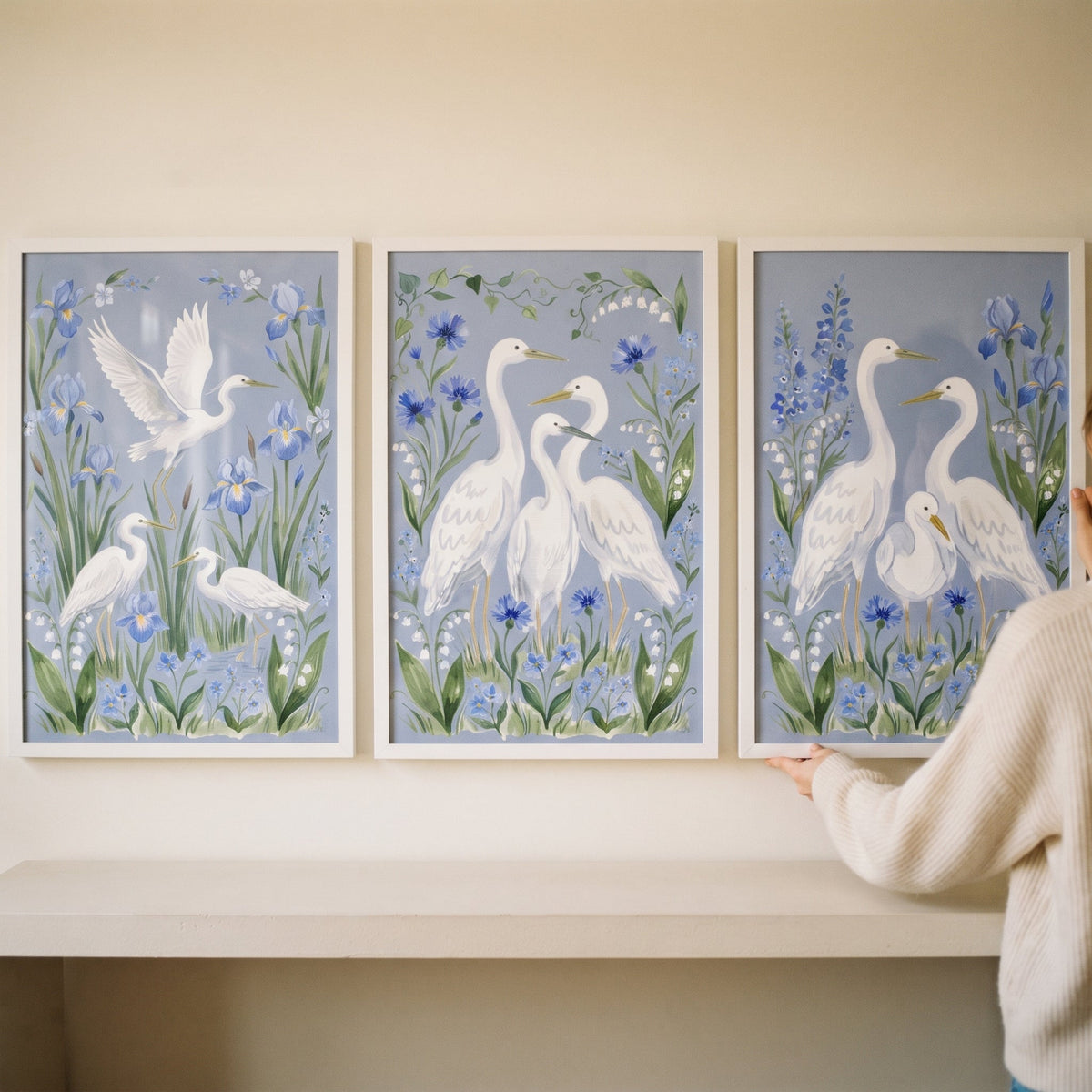Serene Blue Heron Meadow Triptych Digital Art