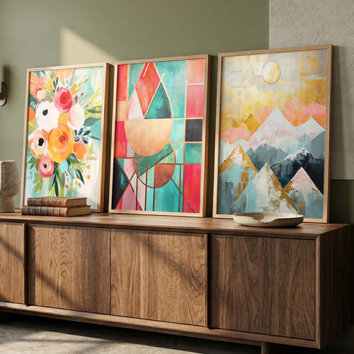 Abstract Botanical and Mountain Triptych Digital Art Set