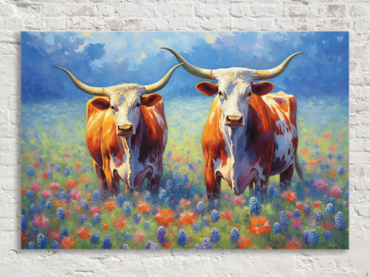 Longhorn Cattle in Wildflower Meadow Digital Art