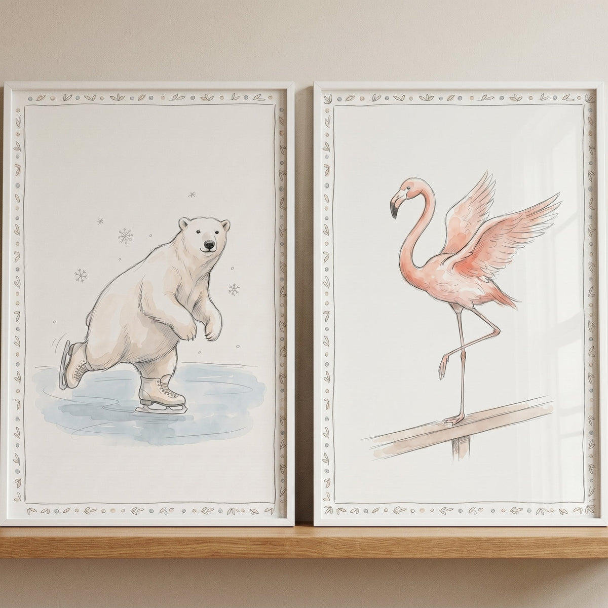 Whimsical Polar Bear and Flamingo Digital Art Set