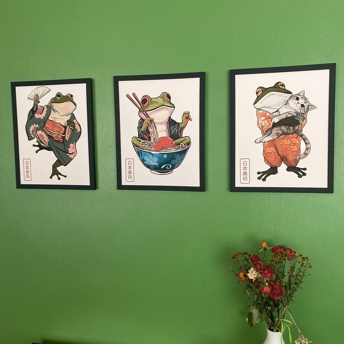 Japanese Samurai Frog and Cat Digital Art Trio Set