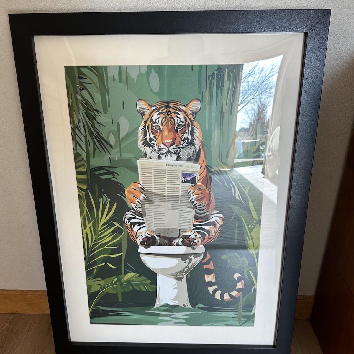 Tiger Reading Morning News on Toilet Art Print