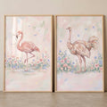 Chic Flamingo and Ostrich Pastel Meadow Digital Art Set