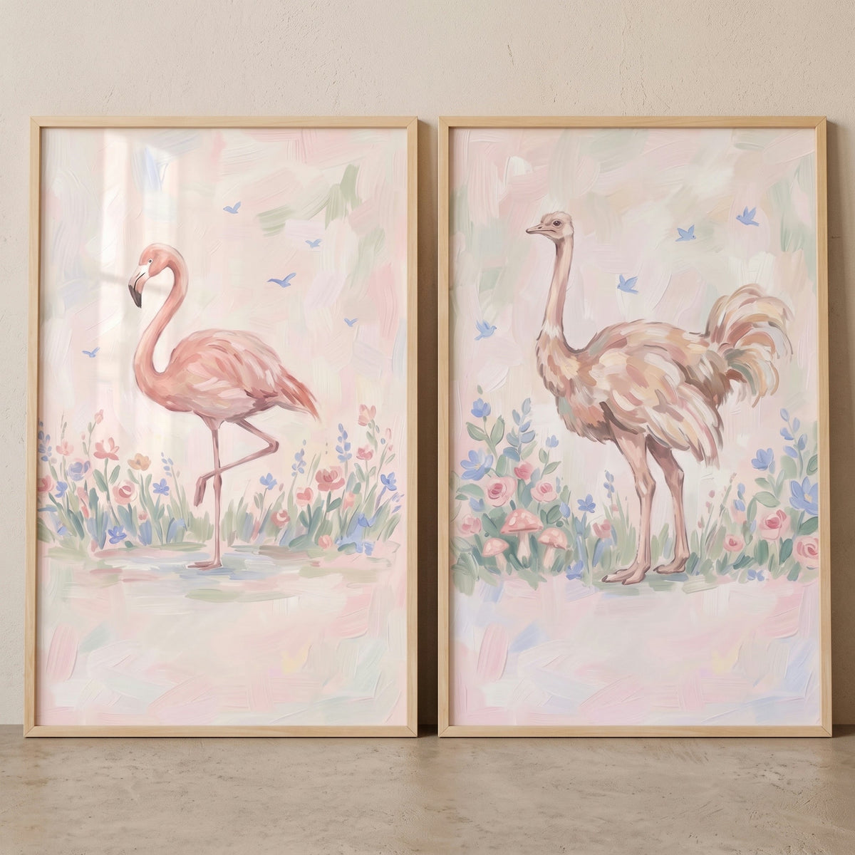 Chic Flamingo and Ostrich Pastel Meadow Digital Art Set