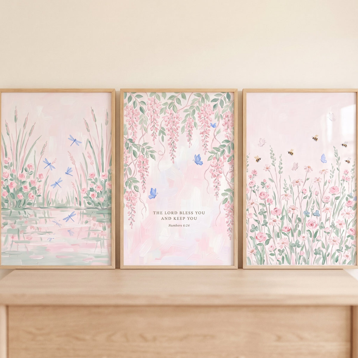 Numbers 6:24 Pink Floral Triptych Digital Art Set