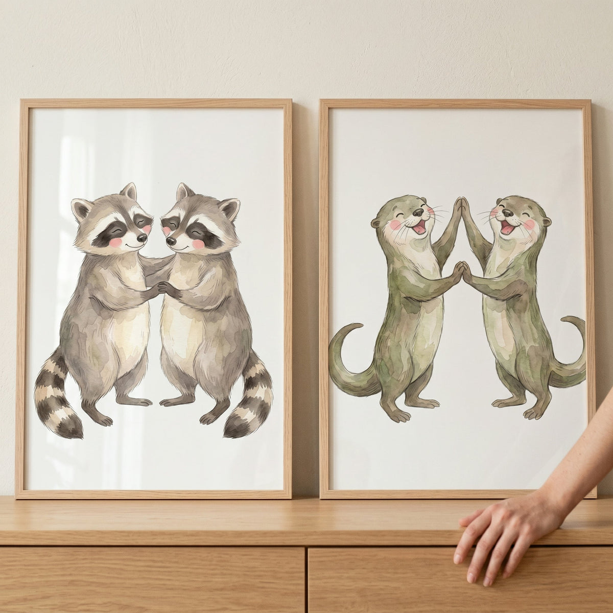 Cute Raccoons and Otters Watercolor Digital Art
