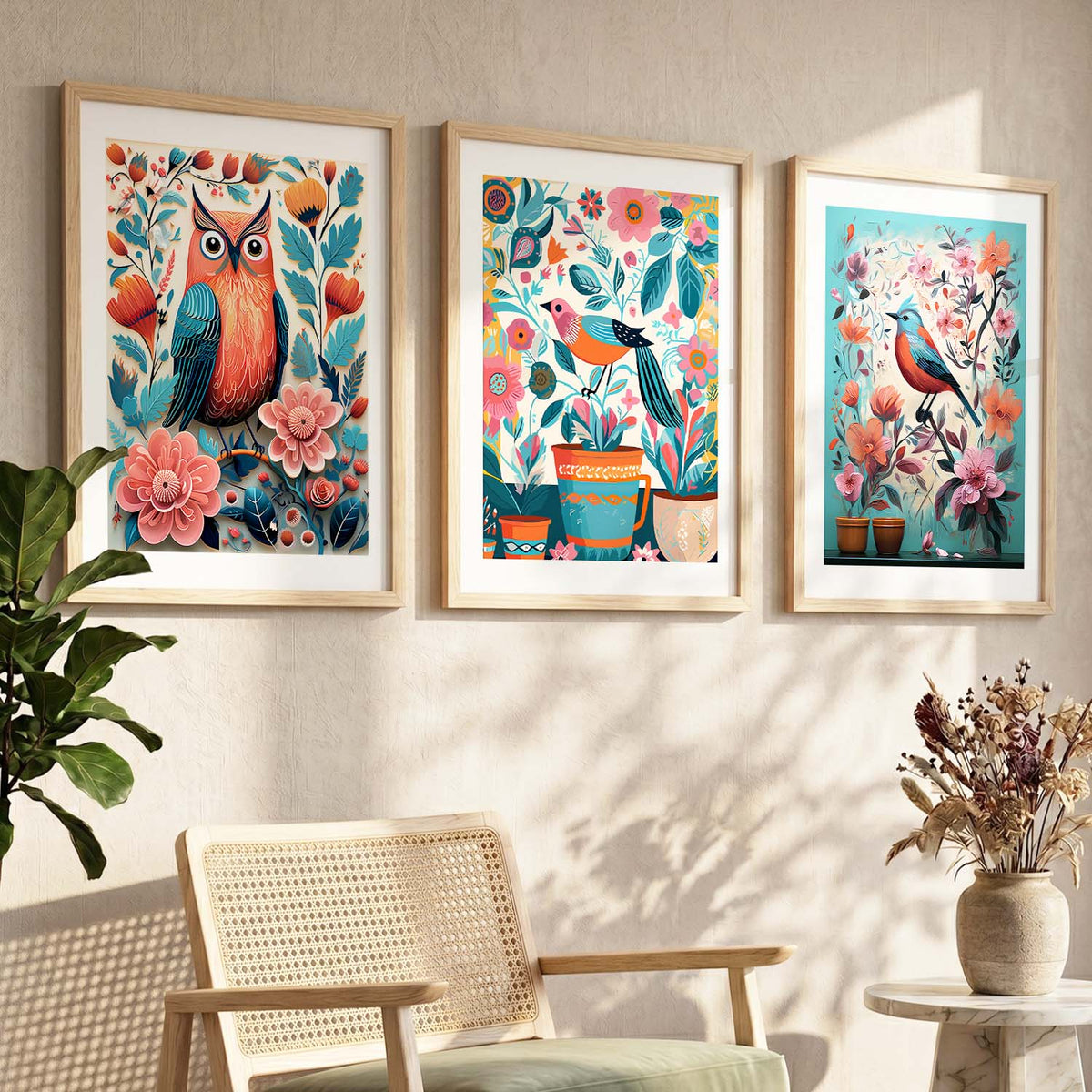 Whimsical Woodland Birds Digital Art Trio