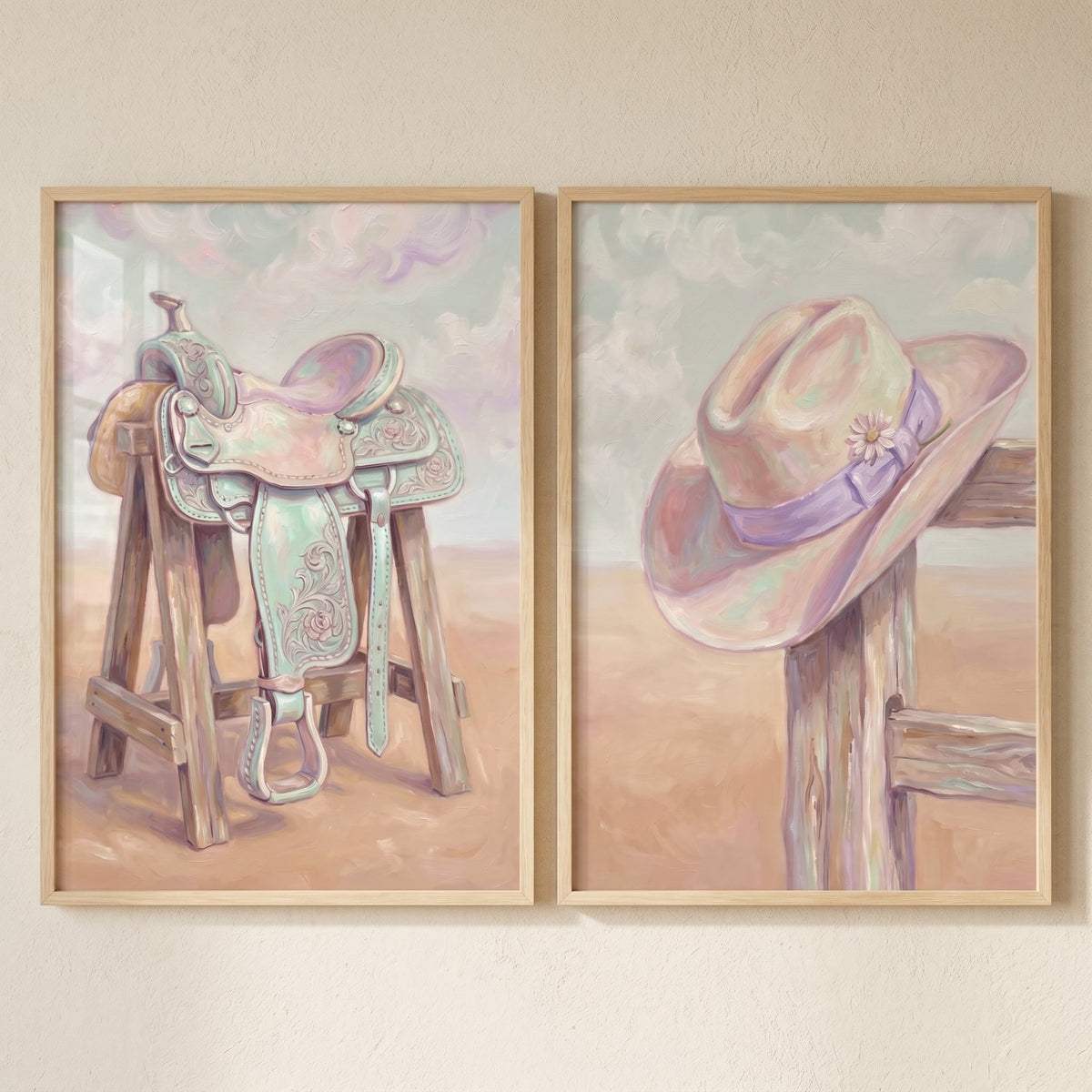 Pastel Western Saddle and Cowboy Hat Digital Art Set