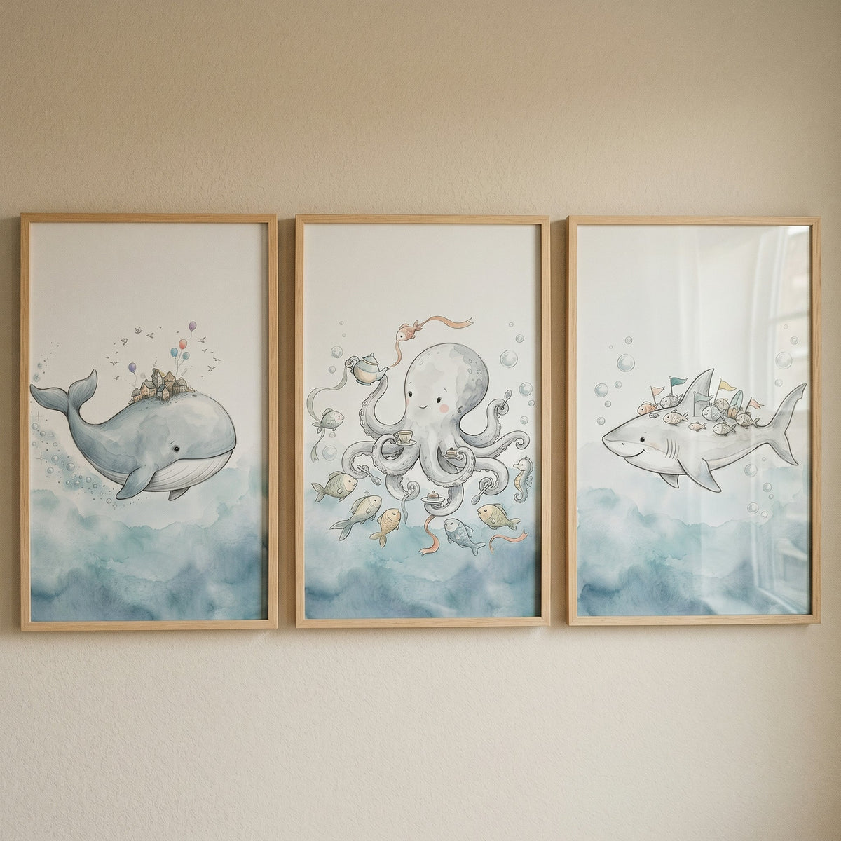 Whimsical Ocean Friends Triptych Digital Art Set