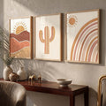 Boho Desert Sunset, Cactus and Rainbow Triptych
