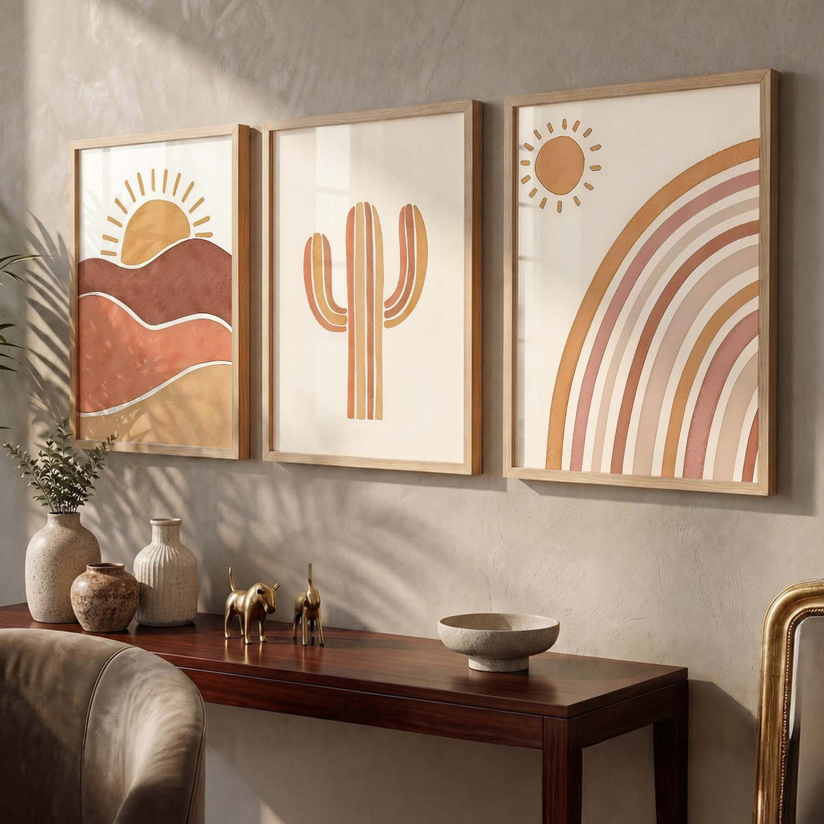 Boho Desert Sunset, Cactus and Rainbow Triptych