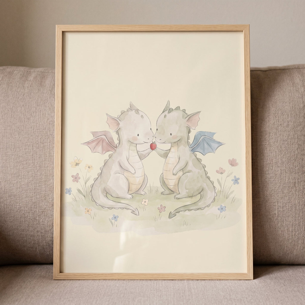 Cute Baby Dragons Sharing Strawberry Digital Artwork