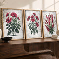 Vintage Botanical Red Florals Triptych