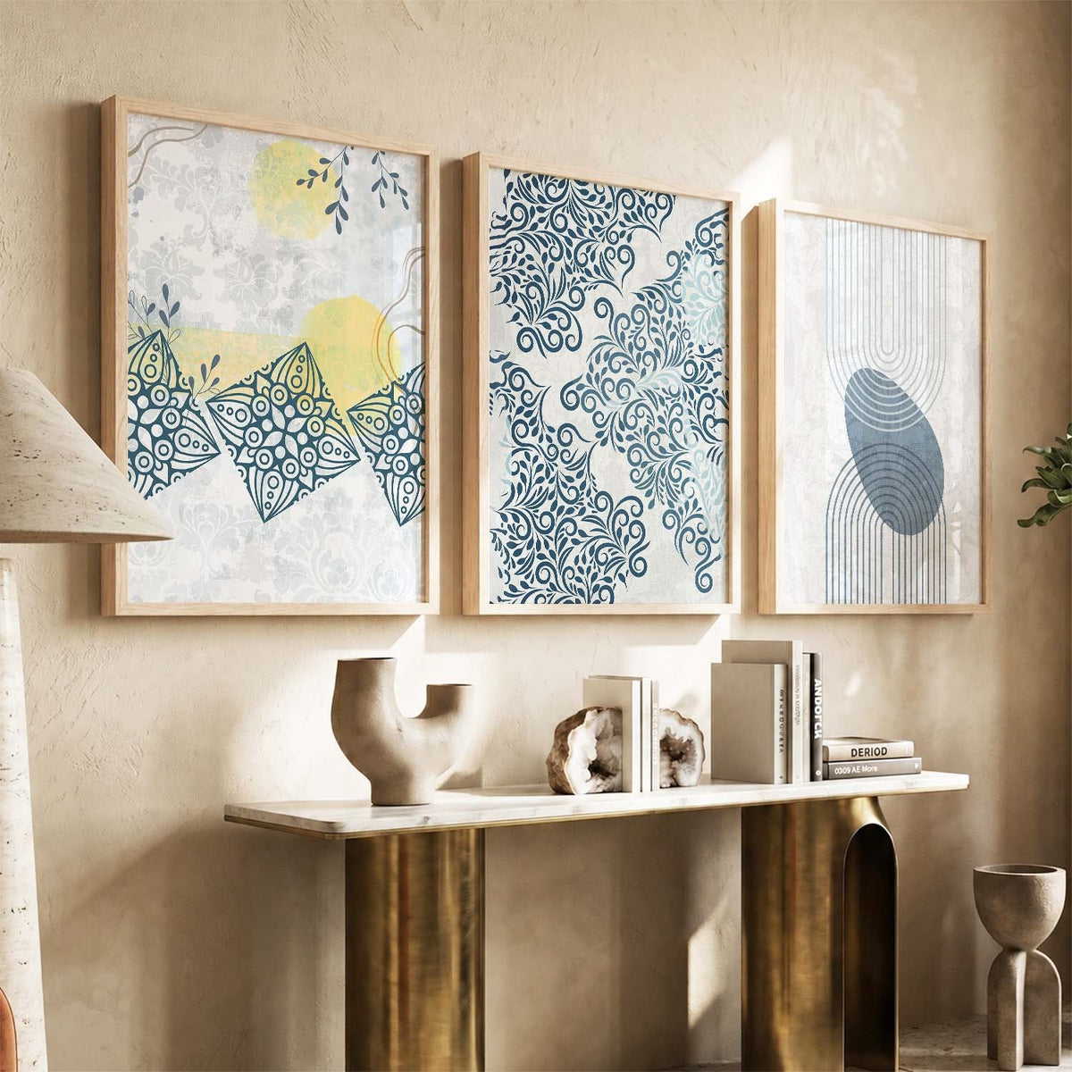 Blue Boho Botanical Triptych Digital Art