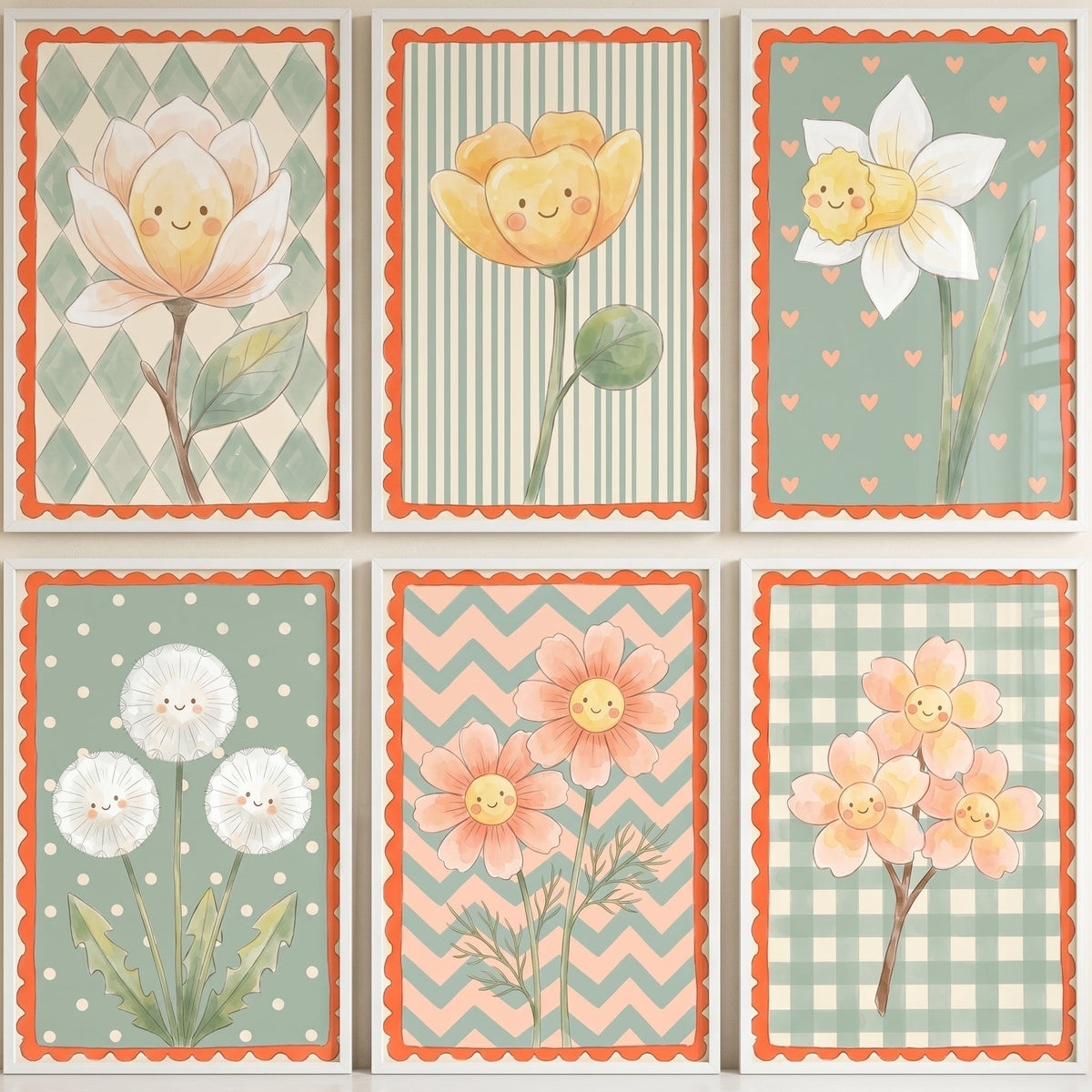 Cute Smiling Floral Watercolor Digital Art Set of Six