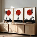 Japanese Samurai Sunset Triptych Digital Art