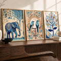Blue Elephant and Birds Triptych Digital Art