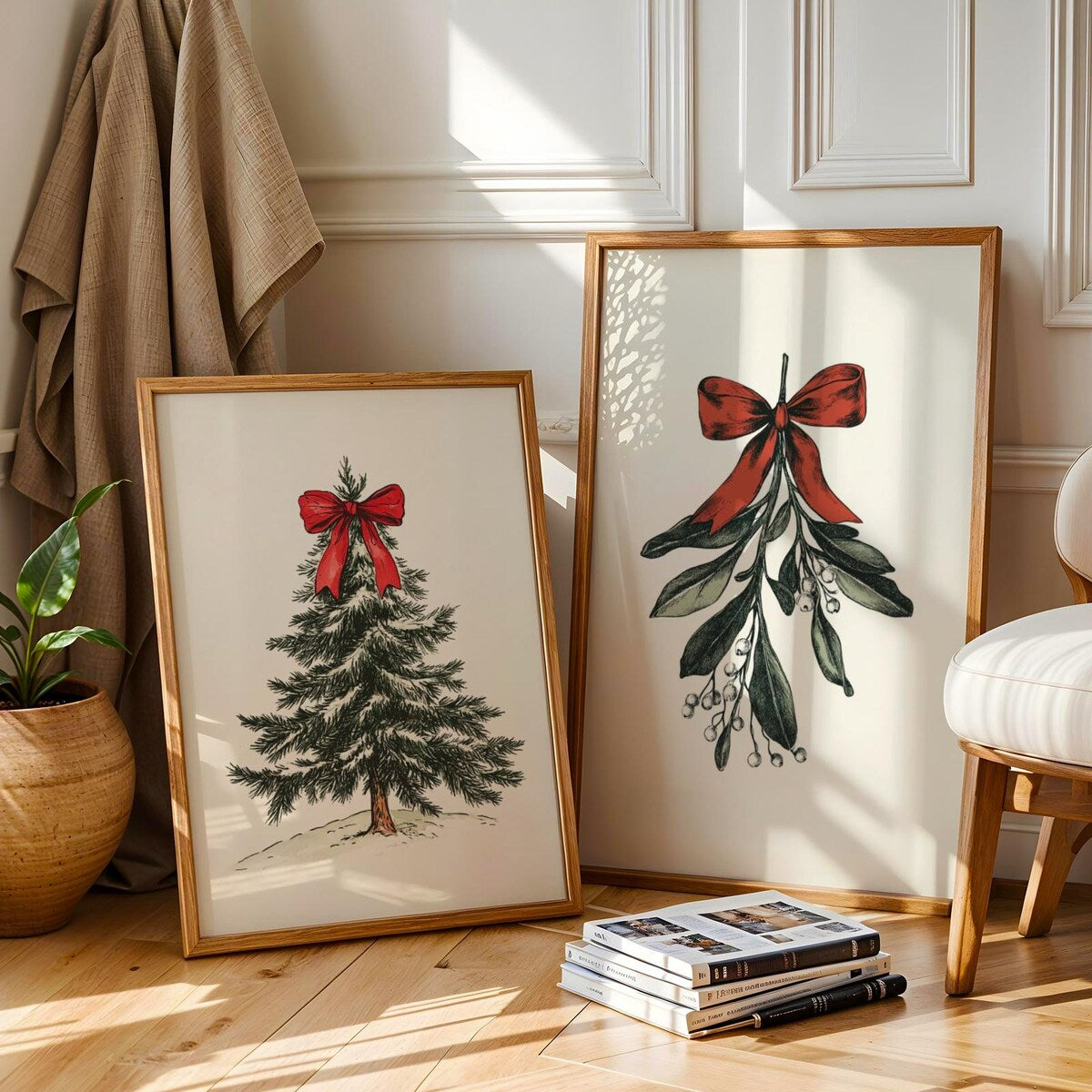 Vintage Christmas Tree and Mistletoe Botanical Illustration Digital Art Set