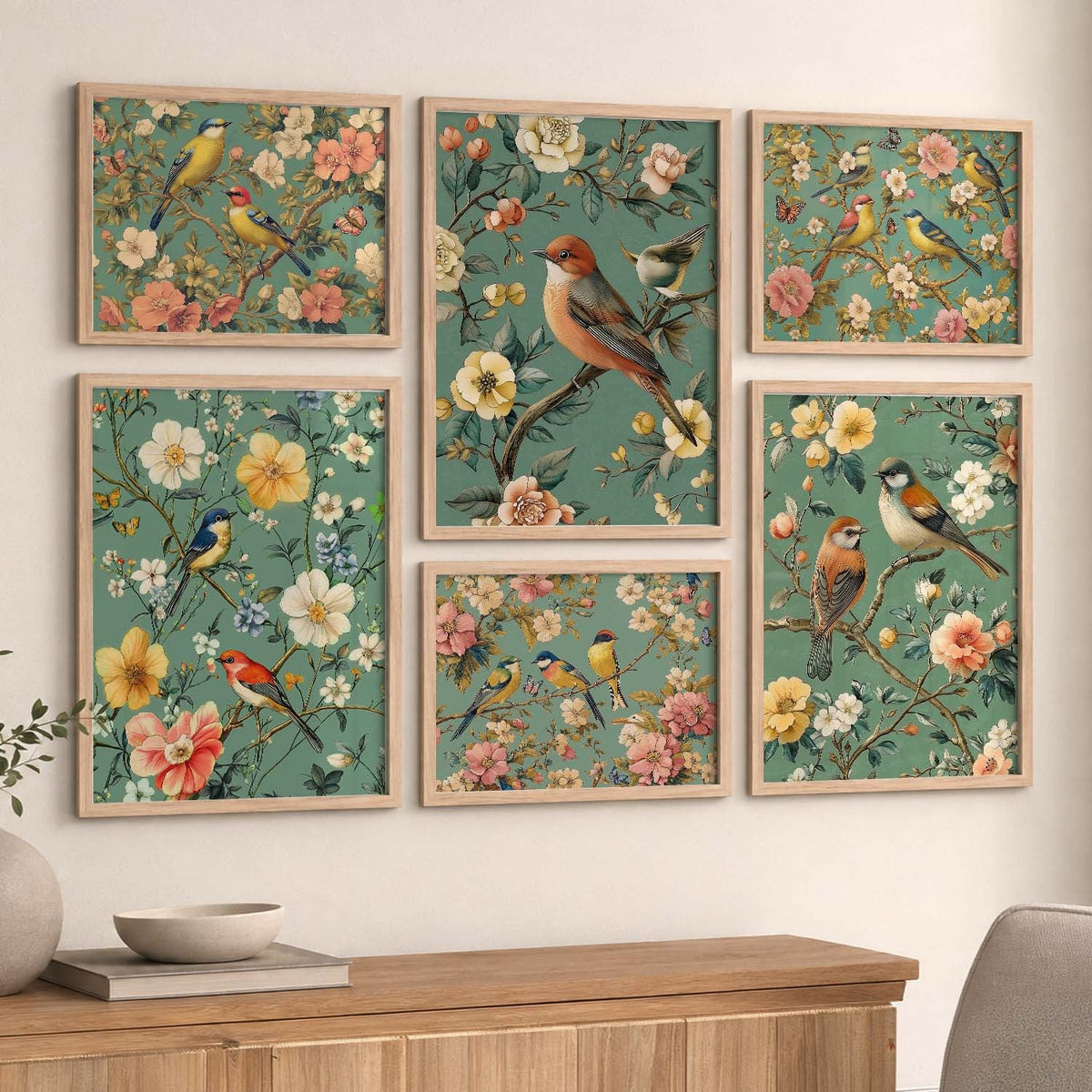 Charming Vintage Birds and Florals Gallery Wall Digital Art