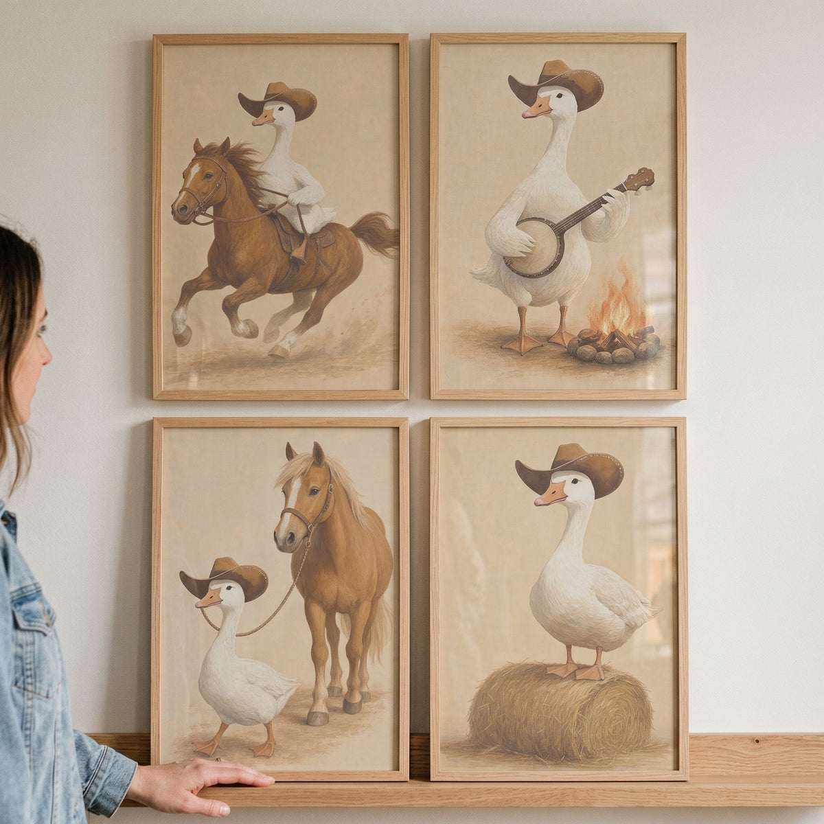 Vintage Cowboy Goose Digital Art Quad Set