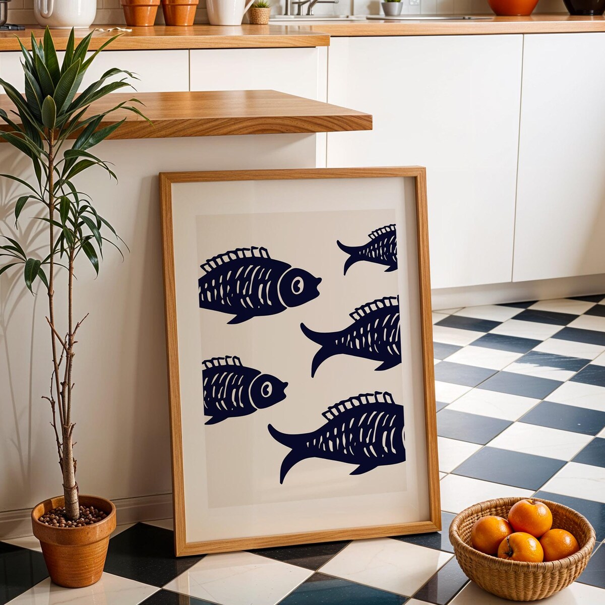 Minimalist Blue Fish School Digital Art Print