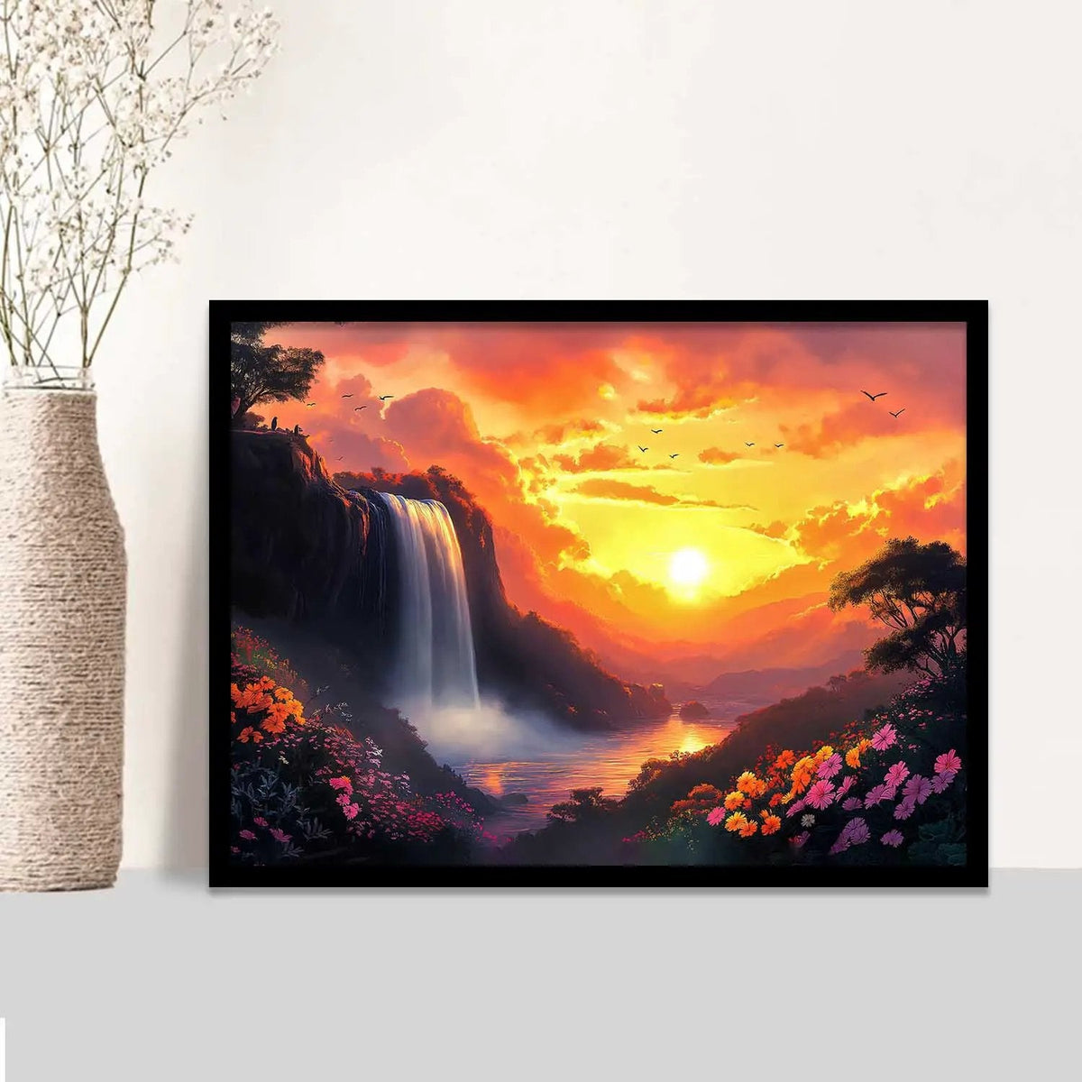 Golden Sunset Waterfall Digital Art Print