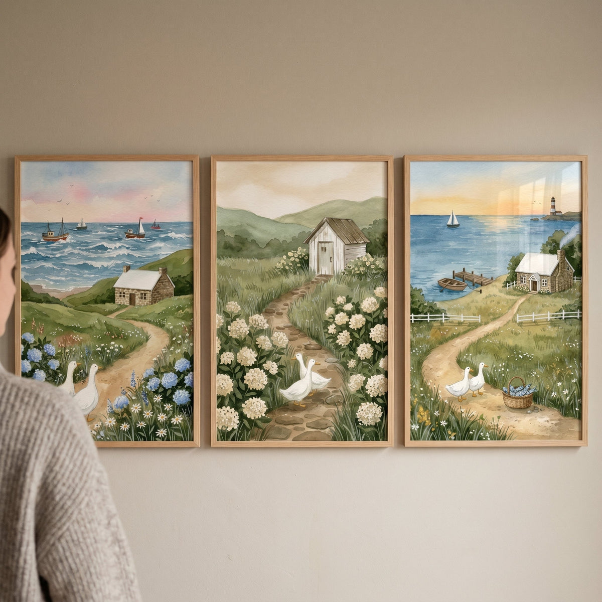 Charming Coastal Village Watercolor Triptych